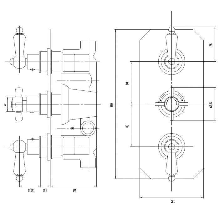 Dezine Blackwater Concealed Triple Shower Valve, 2 Outlet