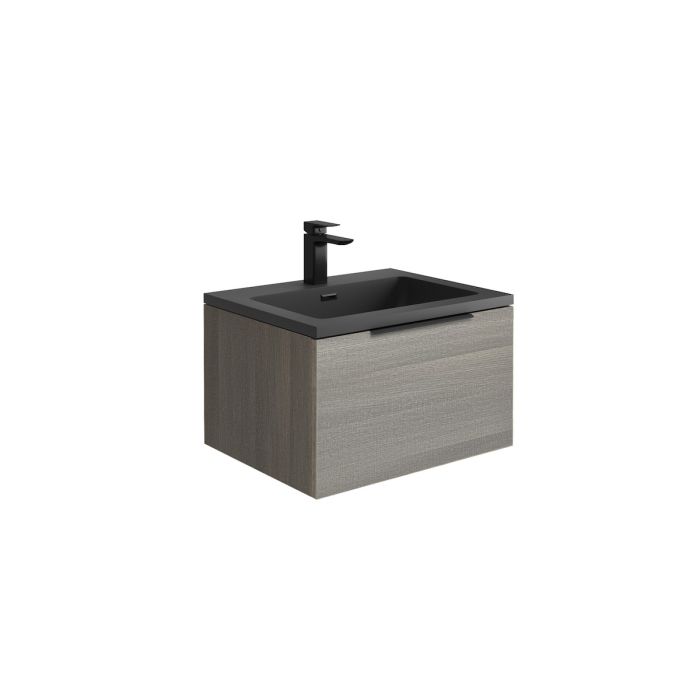 Dezine Ribble 600mm Grey Oak Stort Hung Vanity Unit with Bollin Brass Frame and Matt Grey Basin