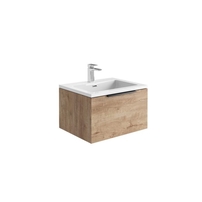 Dezine Ribble 600mm Rustic Oak Stort Hung Vanity Unit with Bollin Brass Frame and White Basin