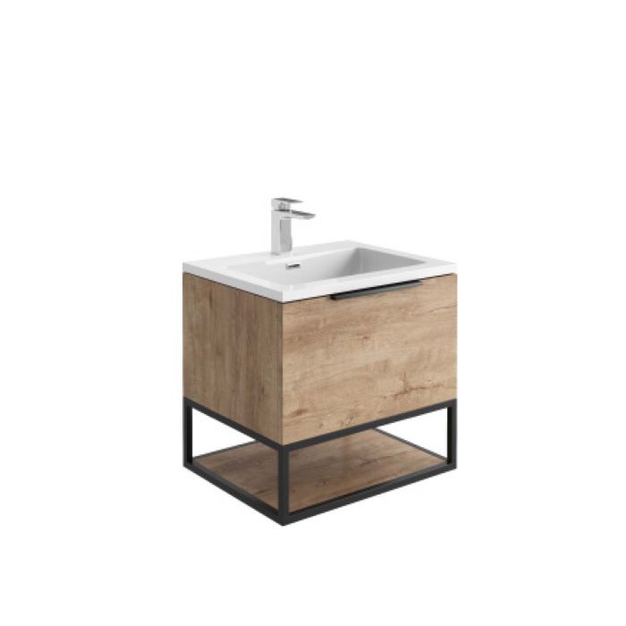 Dezine Ribble 600mm Rustic Oak Stort Hung Vanity Unit with Matt Black Frame and White Basin