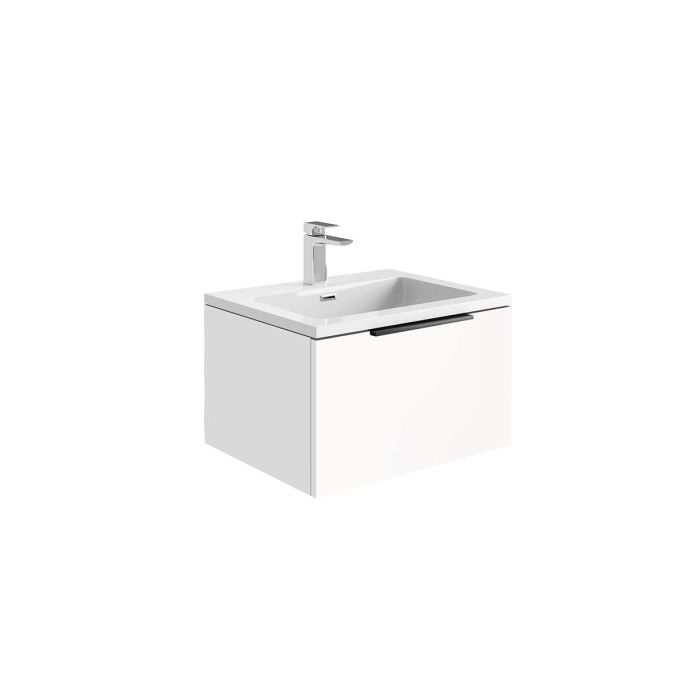 Dezine Ribble 600mm Matt White Stort Hung Vanity Unit with Bollin Brass Frame and White Basin