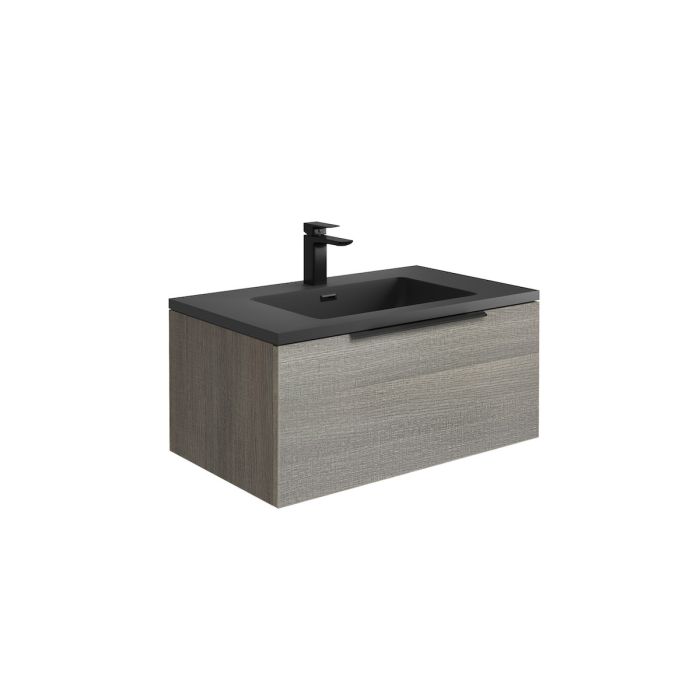 Dezine Ribble 800mm Grey Oak Stort Hung Vanity Unit with Bollin Brass Frame and Matt Grey Basin