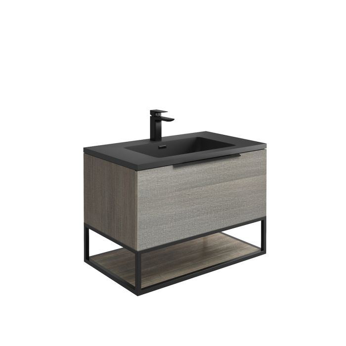 Dezine Ribble 800mm Grey Oak Stort Hung Vanity Unit with Matt Black Frame and Matt Grey Basin