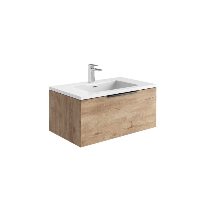 Dezine Ribble 800mm Rustic Oak Stort Hung Vanity Unit with Bollin Brass Frame and White Basin