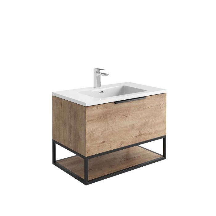 Dezine Ribble 800mm Rustic Oak Stort Hung Vanity Unit with Matt Black Frame and White Basin