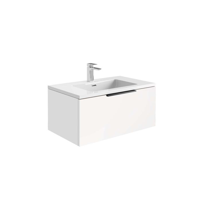 Dezine Ribble 800mm Matt White Stort Hung Vanity Unit with Bollin Brass Frame and White Basin