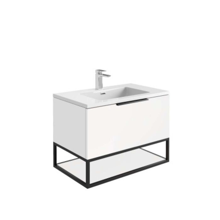 Dezine Ribble 800mm Matt White Stort Hung Vanity Unit with Matt Black Frame and White Basin