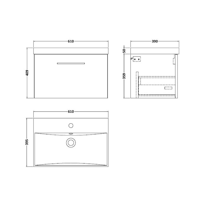 Dezine Avon 2 600mm Gloss White Stort Hung Vanity Unit, Thin Rimmed 40mm Basin