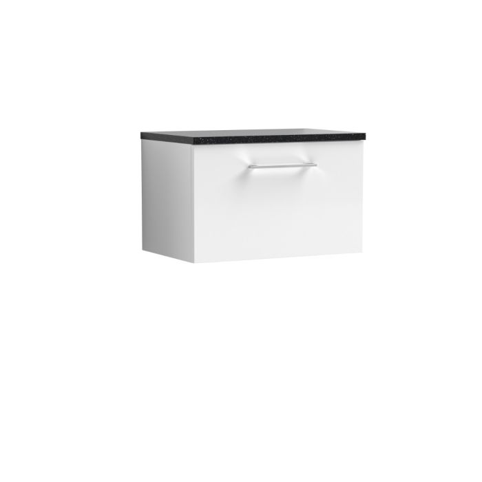 Dezine Avon 2 600mm Gloss White Stort Hung Vanity Unit, Laminate Black Worktop