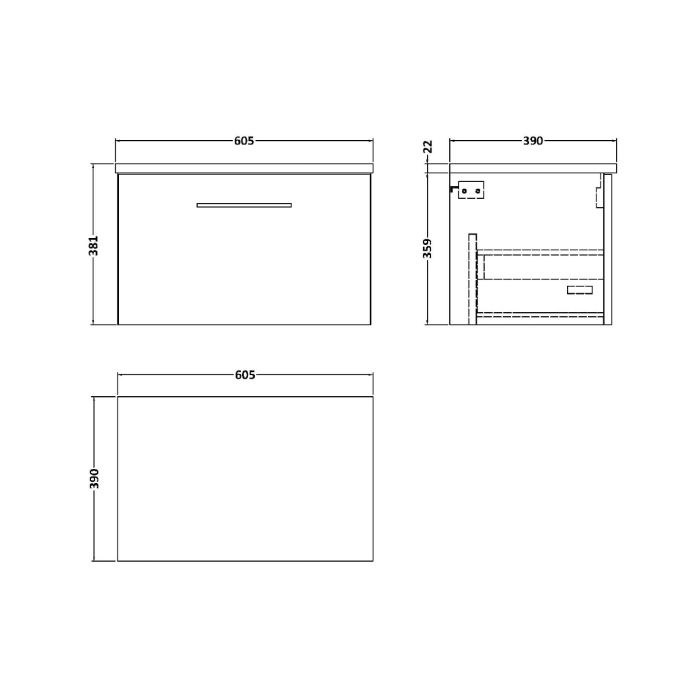 Dezine Avon 2 600mm Gloss White Stort Hung Vanity Unit, Laminate Black Worktop