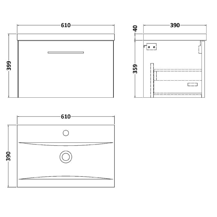 Dezine Avon 2 600mm Light Gloss Grey Stort Hung Vanity Unit, 40mm Basin