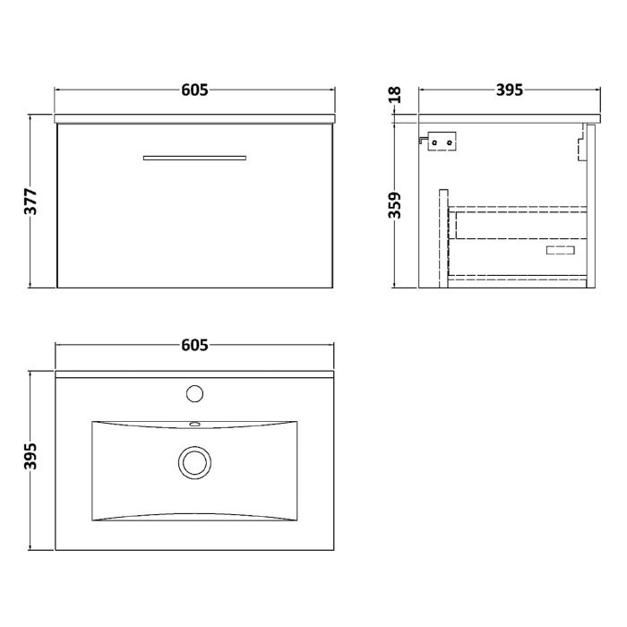 Dezine Avon 2 600mm Light Gloss Grey Stort Hung Vanity Unit, 18mm Basin