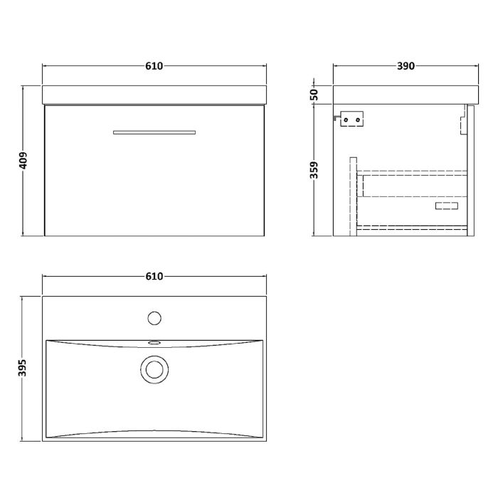 Dezine Avon 2 600mm Light Gloss Grey Stort Hung Vanity Unit, Thin Rimmed 40mm Basin