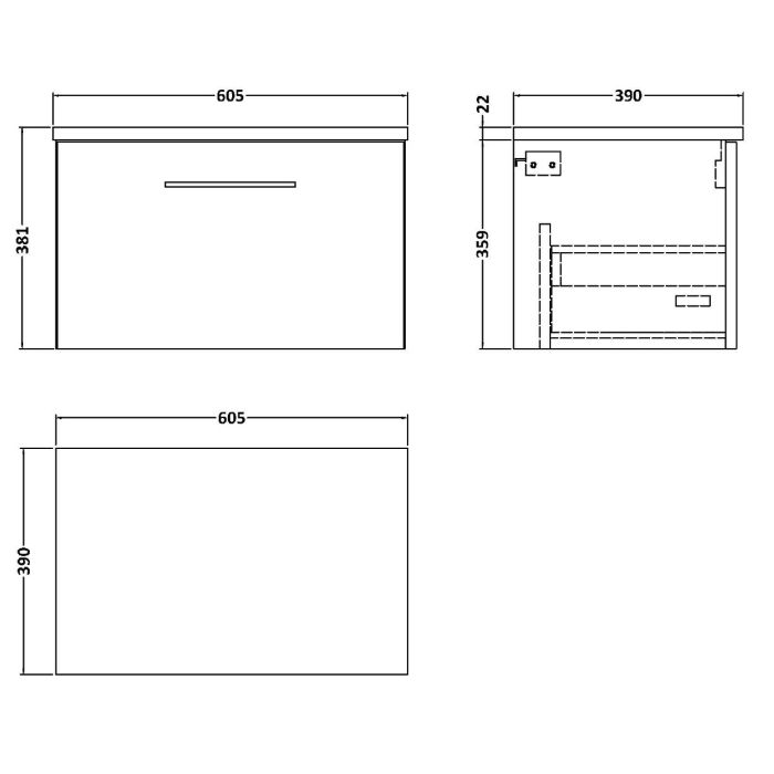 Dezine Avon 2 600mm Light Gloss Grey Stort Hung Vanity Unit, Laminate Black Worktop