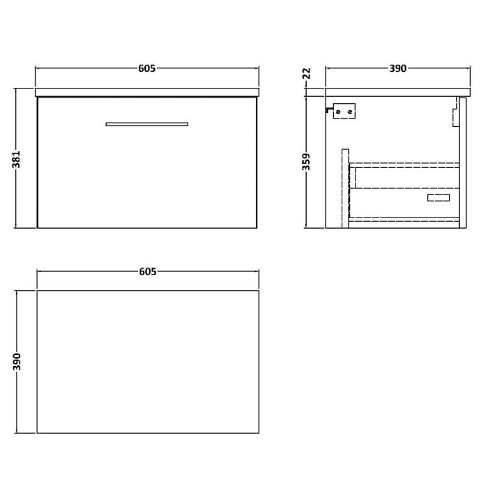 Dezine Avon 2 600mm Solace Oak Stort Hung Vanity Unit, Laminate Black Worktop