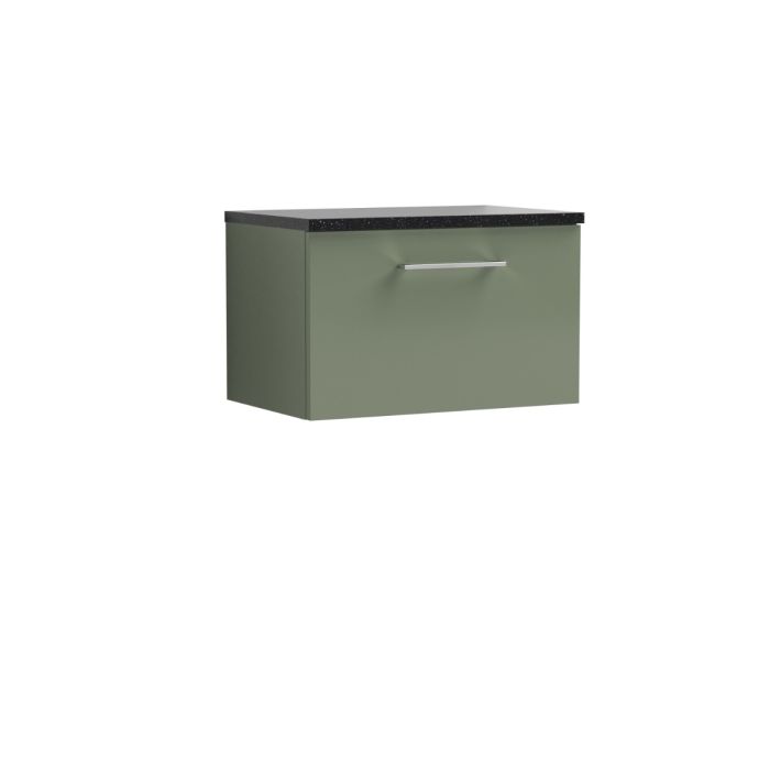 Dezine Avon 2 600mm Satin Green Stort Hung Vanity Unit, Laminate Black Worktop