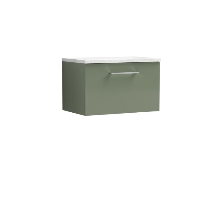 Dezine Avon 2 600mm Satin Green Stort Hung Vanity Unit, Laminate White Worktop