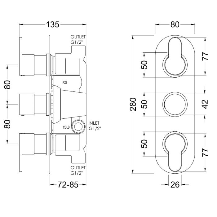 Dezine Pennar 10 Matt Black Round Concealed Triple Shower Valve, 2 Outlet