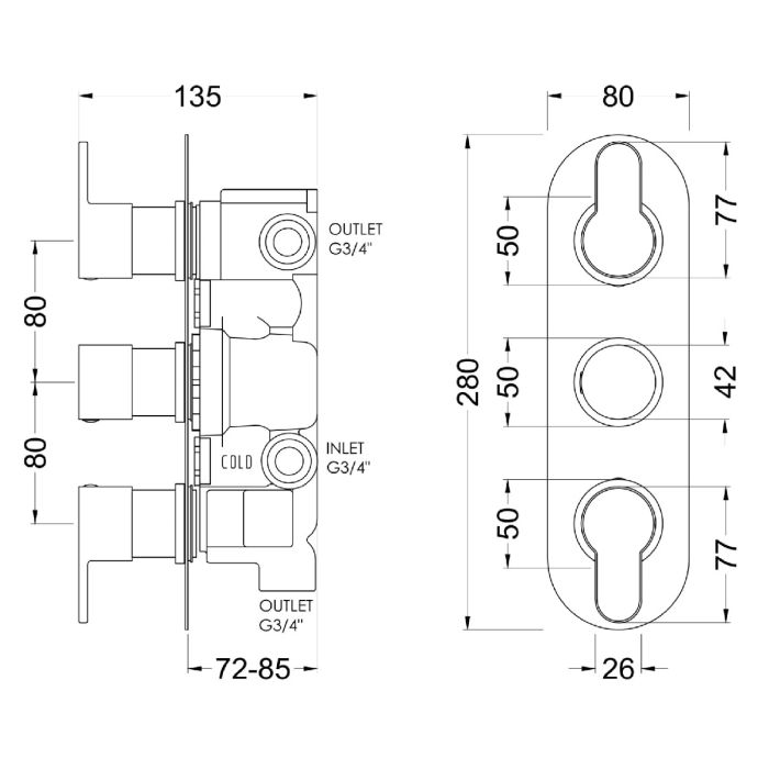 Dezine Pennar 10 Matt Black Round Concealed Triple Shower Valve with Diverter, 3 Outlet