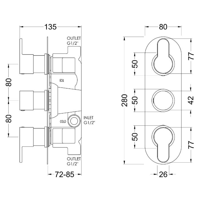 Dezine Pennar 10 Bollin Gun Metal Round Concealed Triple Shower Valve, 2 Outlet