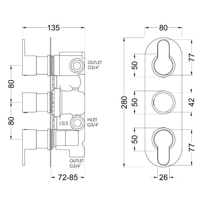 Dezine Pennar 10 Bollin Gun Metal Round Concealed Triple Shower Valve with Diverter, 3 Outlet