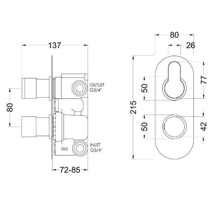 Dezine Pennar 10 Bollin Gun Metal Round Concealed Twin Shower Valve with Diverter, 2 Outlet