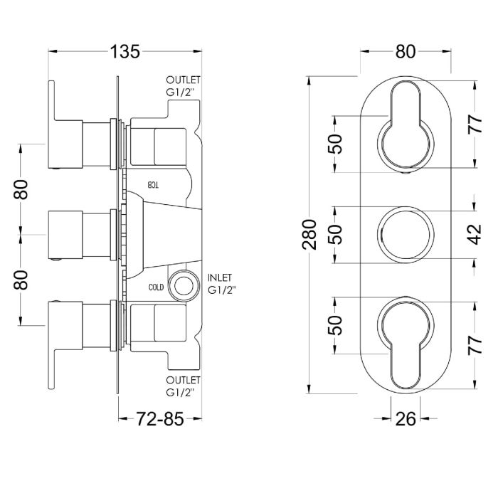 Dezine Pennar 10 Bollin Brass Round Concealed Triple Shower Valve, 2 Outlet