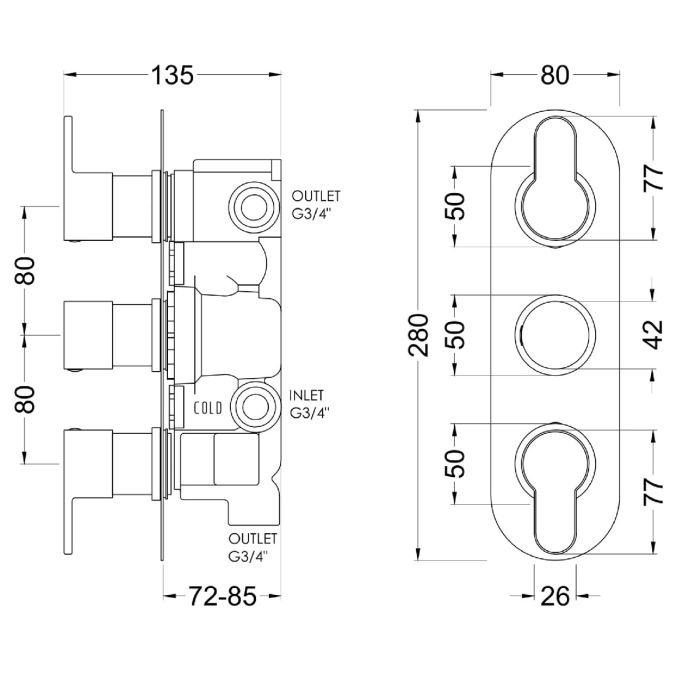 Dezine Pennar 10 Bollin Brass Round Concealed Triple Shower Valve with Diverter, 3 Outlet