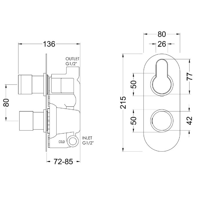 Dezine Pennar 10 Bollin Brass Round Concealed Twin Shower Valve, 1 Outlet