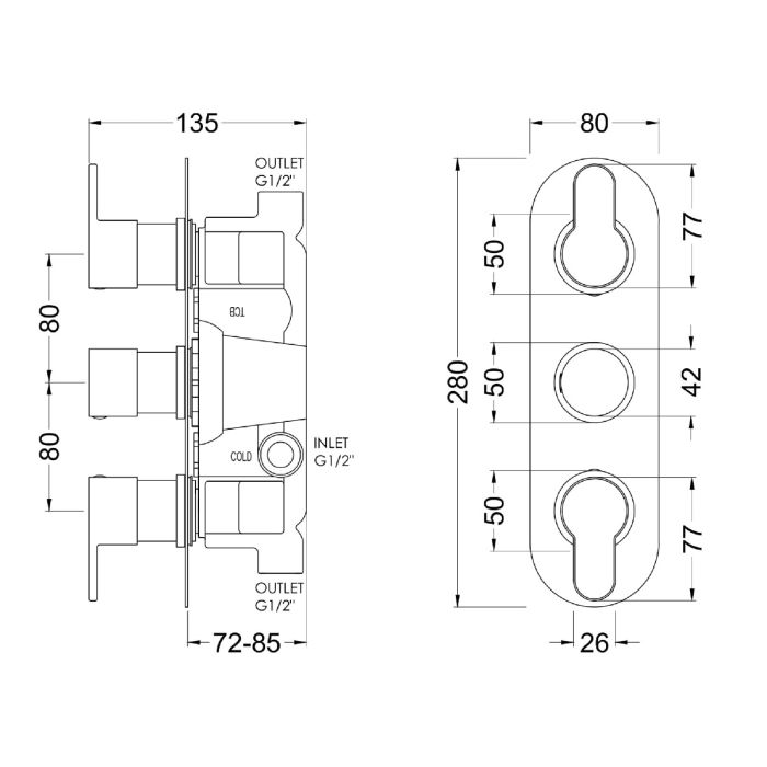 Dezine Pennar 10 Chrome Round Concealed Triple Shower Valve, 2 Outlet