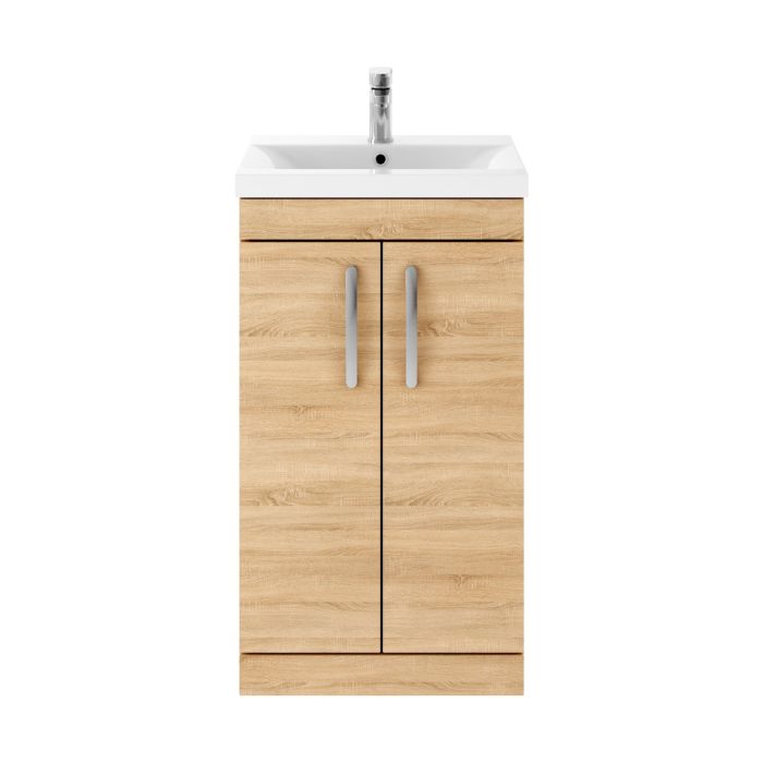 Dezine Nene 500mm Natural Oak Floor Standing 2 Door Vanity Unit, with Basin