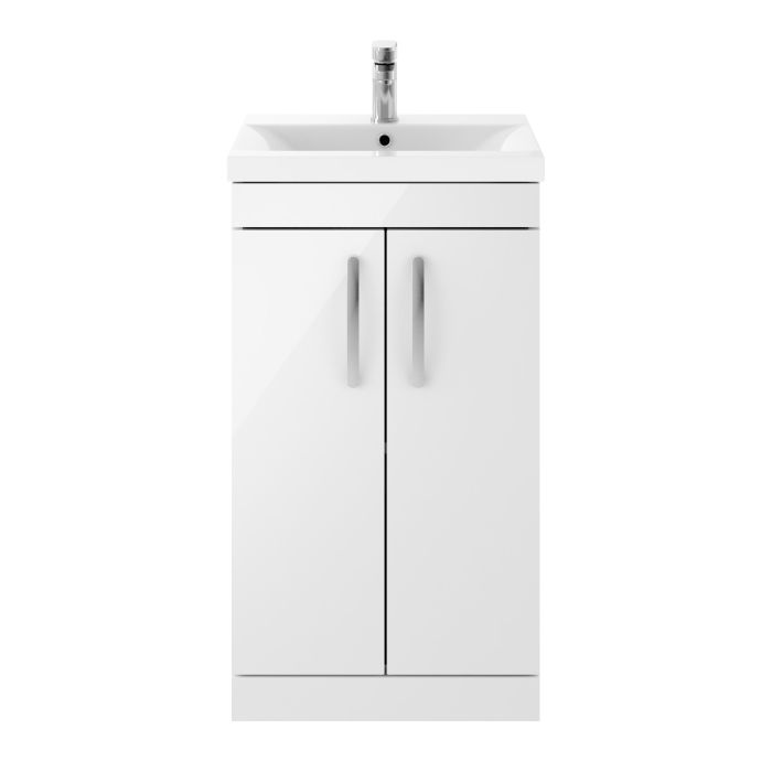 Dezine Nene 500mm Gloss White Floor Standing 2 Door Vanity Unit, with Basin