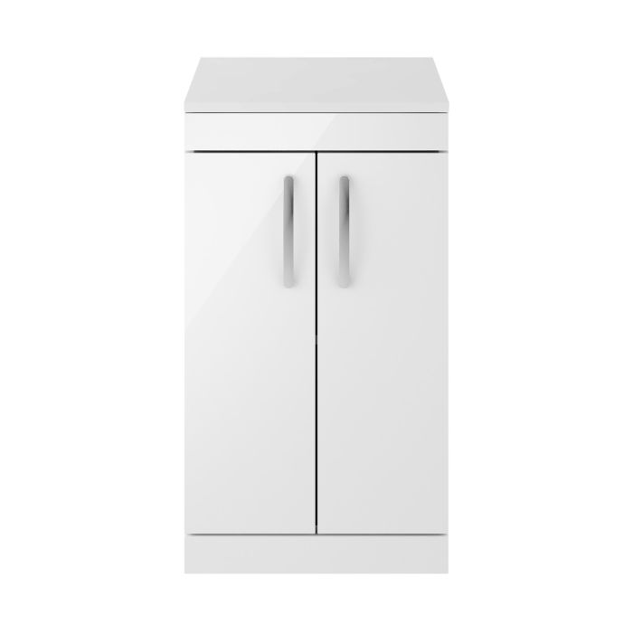 Dezine Nene 500mm Gloss White Floor Standing 2 Door Vanity Unit, with Worktop