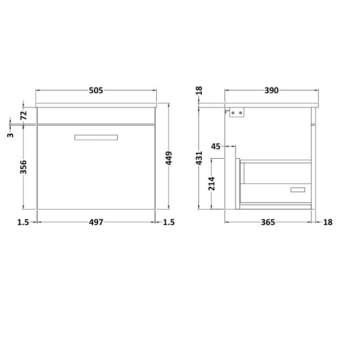 Dezine Nene 500mm Grey Avola Stort Hung 1 Drawer Vanity Unit, with Worktop