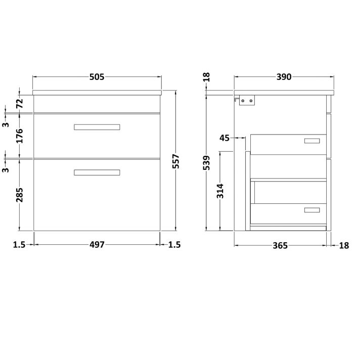 Dezine Nene 500mm Natural Oak Stort Hung 2 Drawer Vanity Unit, with Worktop