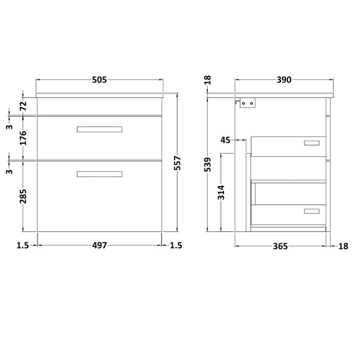 Dezine Nene 500mm Grey Avola Stort Hung 2 Drawer Vanity Unit, with Worktop