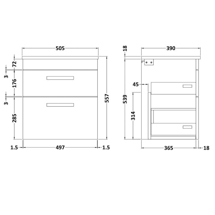 Dezine Nene 500mm Gloss White Stort Hung 2 Drawer Vanity Unit, with Worktop