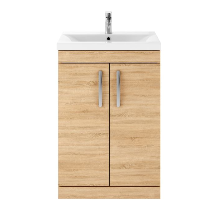 Dezine Nene 600mm Natural Oak Floor Standing 2 Door Vanity Unit, with Basin