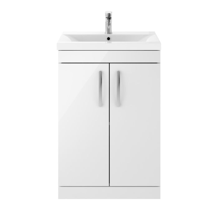 Dezine Nene 600mm Gloss White Floor Standing 2 Door Vanity Unit, with Basin