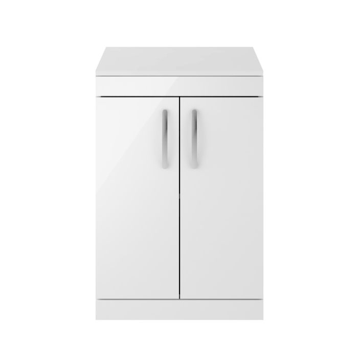 Dezine Nene 600mm Gloss White Floor Standing 2 Door Vanity Unit, with Worktop