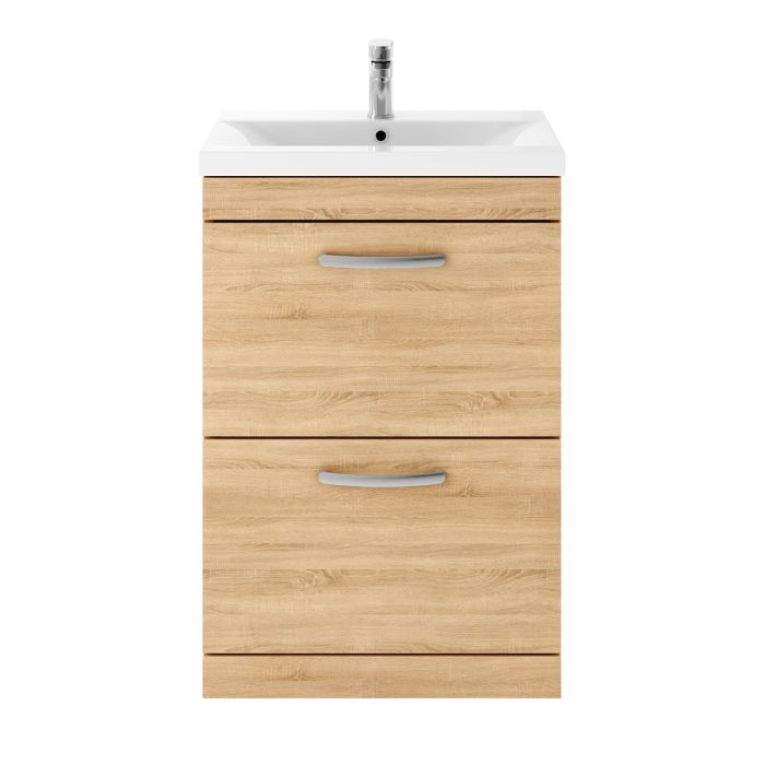 Dezine Nene 600mm Natural Oak Floor Standing 2 Drawer Vanity Unit, with Basin