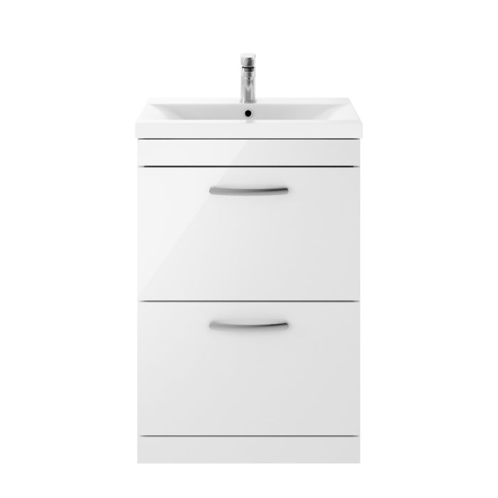 Dezine Nene 600mm Gloss White Floor Standing 2 Drawer Vanity Unit, with Basin