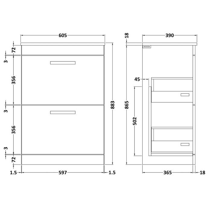 Dezine Nene 600mm Gloss White Floor Standing 2 Drawer Vanity Unit, with Worktop