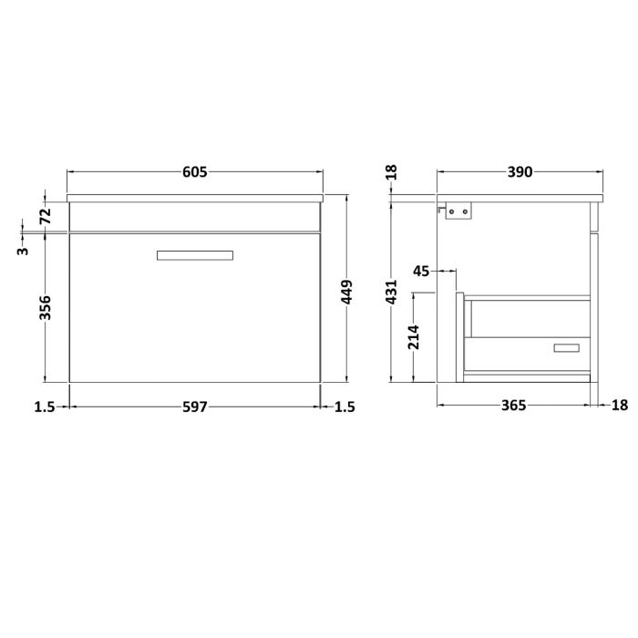 Dezine Nene 600mm Natural Oak Stort Hung 1 Drawer Vanity Unit, with Worktop