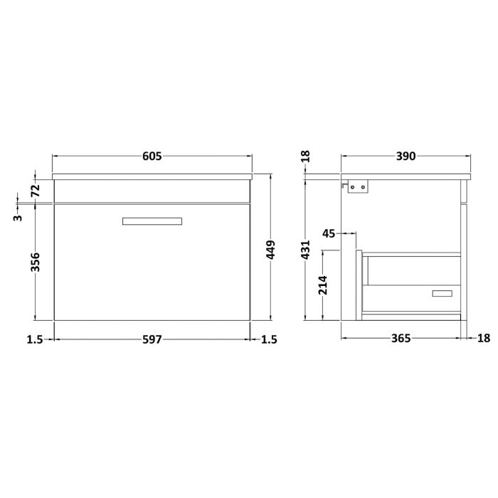 Dezine Nene 600mm Grey Avola Stort Hung 1 Drawer Vanity Unit, with Worktop