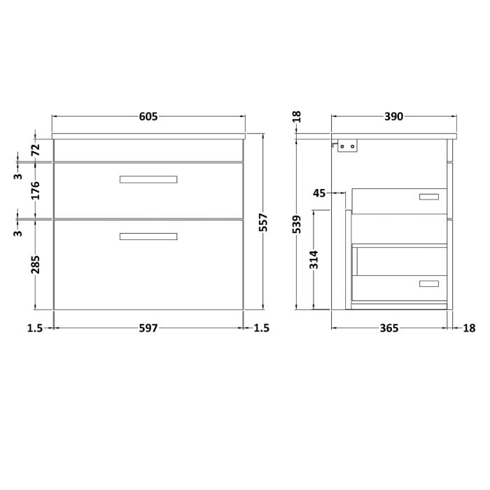 Dezine Nene 600mm Natural Oak Stort Hung 2 Drawer Vanity Unit, with Worktop