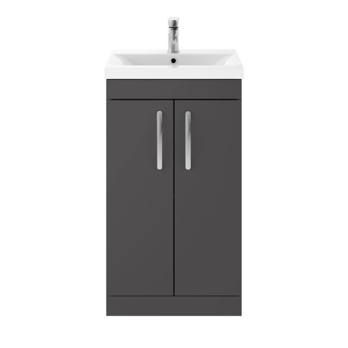 Dezine Nene 500mm Gloss Grey Floor Standing 2 Door Vanity Unit, with Basin