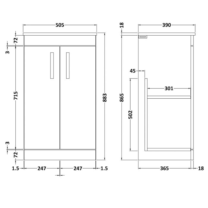 Dezine Nene 500mm Gloss Grey Floor Standing 2 Door Vanity Unit, with Worktop