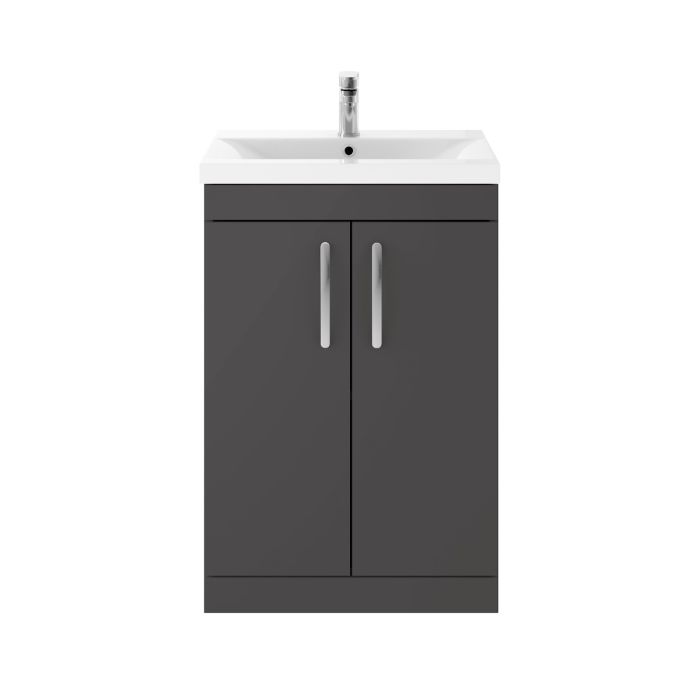 Dezine Nene 600mm Gloss Grey Floor Standing 2 Door Vanity Unit, with Basin