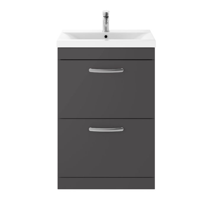 Dezine Nene 600mm Gloss Grey Floor Standing 2 Drawer Vanity Unit, with Basin